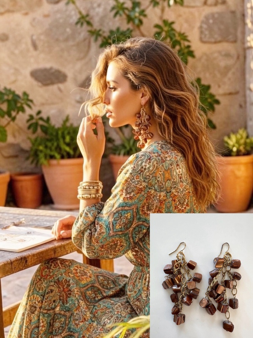 Vintage Boho Iridescent Brown Glass Cube Beads Gold‎ Tone Dangling Earrings